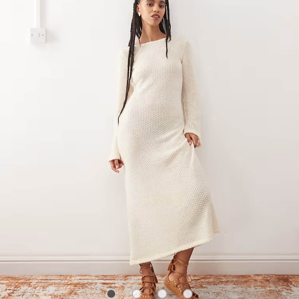 Reclaimed Vintage Cream Knit Midi Sheer Dress